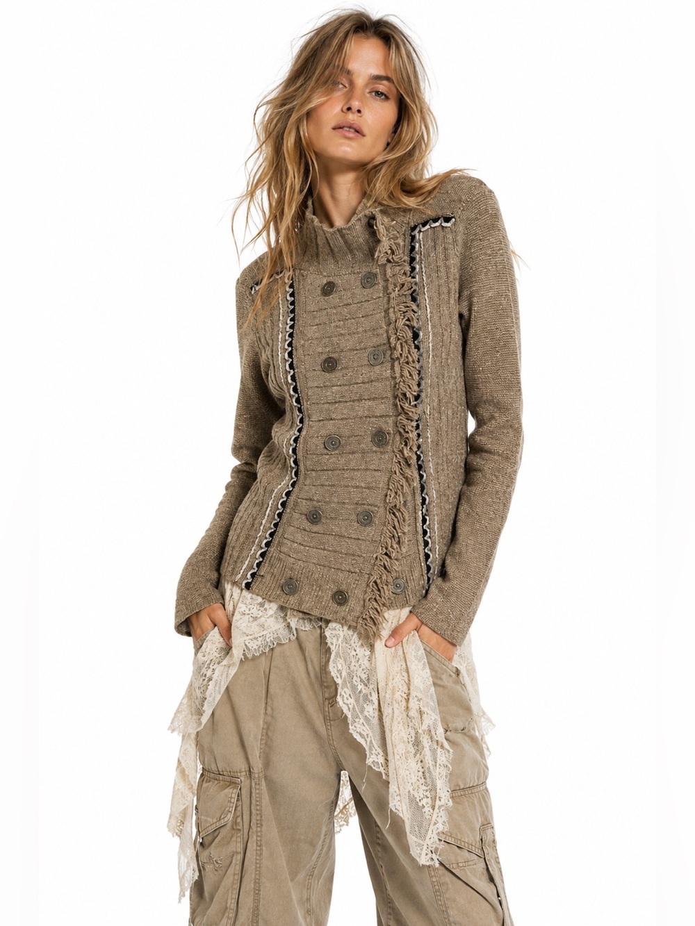 Free People Cuddle Bear Admiral Sweater Double Breasted Button Front Womens XS
